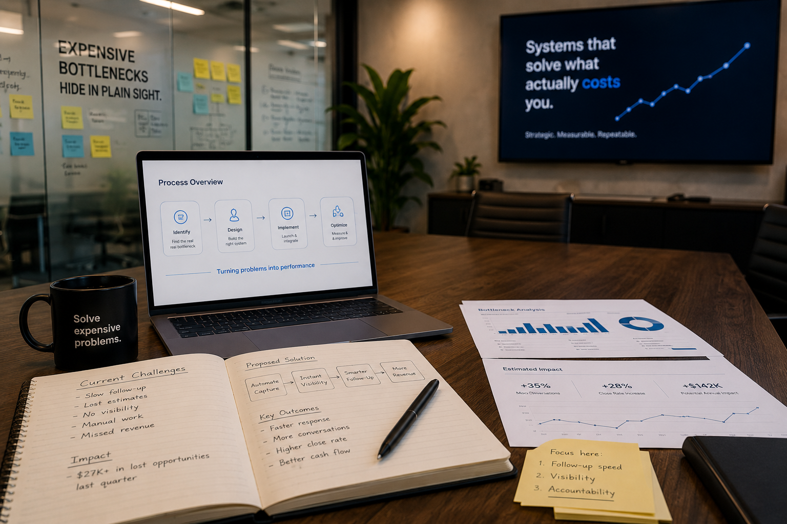 Desk scene showing a business process overview with bottleneck analysis, charts, and a notebook outlining current challenges and outcomes