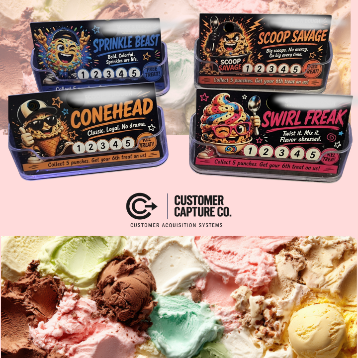 Custom branded punch card characters: Sprinkle Beast, Scoop Savage, Conehead, and Swirl Freak