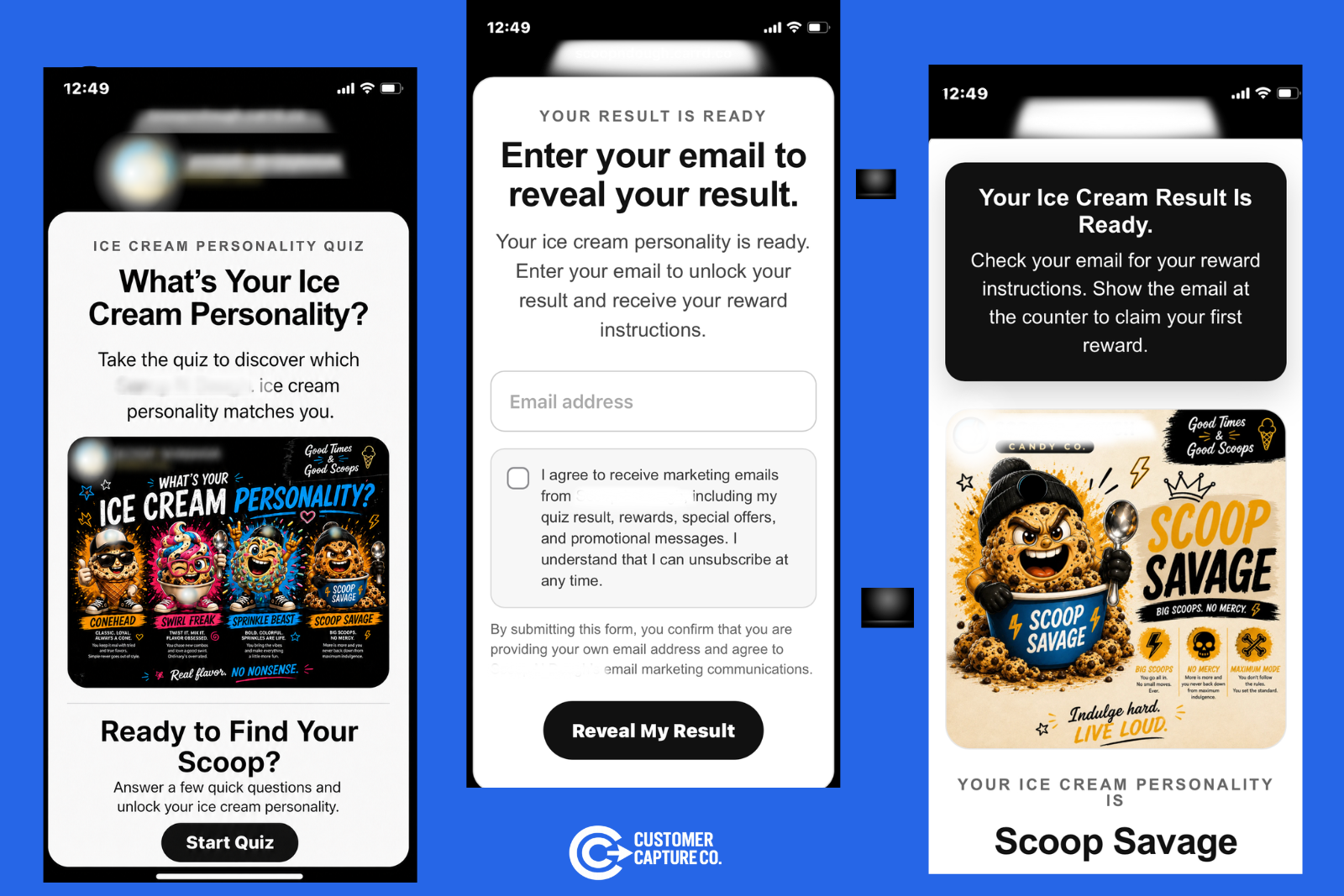 Customer Capture Co. quiz sequence: start, email capture, and result