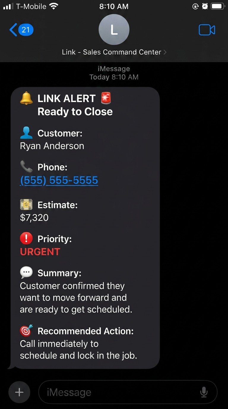 Link alert showing a ready-to-close customer notification with customer details and recommended action